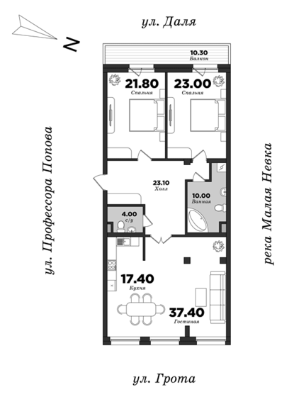 Дом на улице Грота, Корпус 1, 2 спальни, 134.83 м² | планировка элитных квартир Санкт-Петербурга | М16